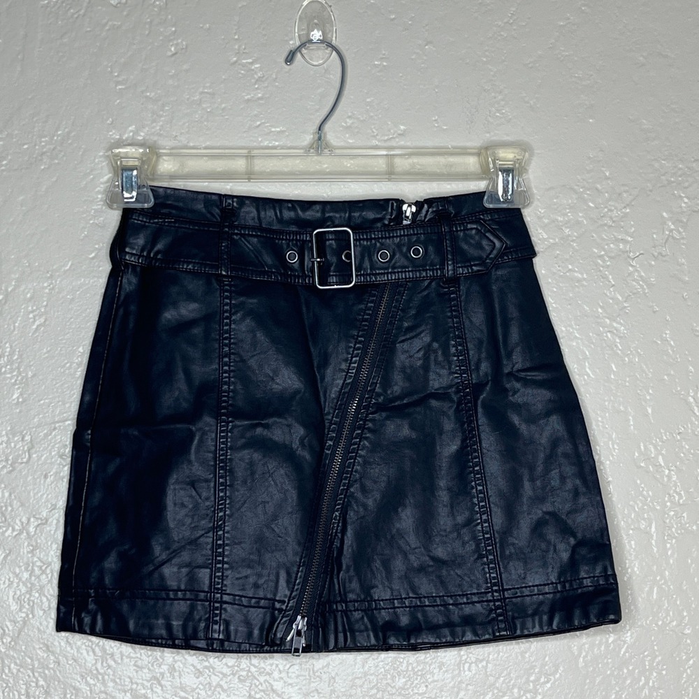 Free People Vegan Leather Moto Mini Skirt Black Belted Asymmetric Zip OB652915 0